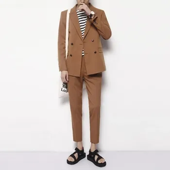 2021Fashion Brown Men 's Slim Ikdienas Tērps divdaļīgs Kostīms Britu Biznesa Kāzu divrindu Vīriešu Balli Līgavainis