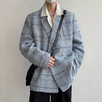 2022 Vīriešu Modes Dubultā Krūtīm, Uzvalka Žaketes Augstas kvalitātes Vaļēju Mēteļi Sabiezējumu Rietumu stila Apģērbu Zilā Virsdrēbes M-XL
