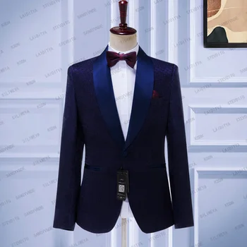 2023. Gadam Jauniem Vīriešiem, Kāzu Uzvalki, Tumši Zila Žakarda Itāļu Dizains Custom Made Šampanieti Smēķēšanas Uzvalku Jaka Līgavainis Žakete Mētelis