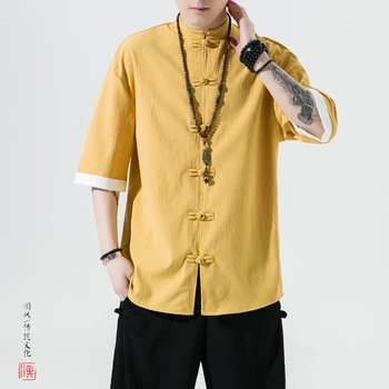 2023Summer Jauna, Ķīniešu Stila Vīriešu Tops Tang Uzvalks IceSilk pretgrumbu Pusi Piedurknēm Cieto Tradicionālais Kung Fu Sinicism Hanfu Krekls