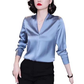 2024 Mākslīgā zīda Blūze Pamata Dāmas Topi OLA Sieviešu Apģērbu Acetāts satīna Sieviešu Krekls ar garām Piedurknēm Modes Sieviete, Blūzes