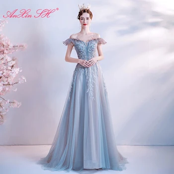 AnXin SH princese zila mirdzoša mežģīnes puse vintage ruffles frēzēšana kristāla uzņēmēja līgava līnijas puses vakara kleita 16100