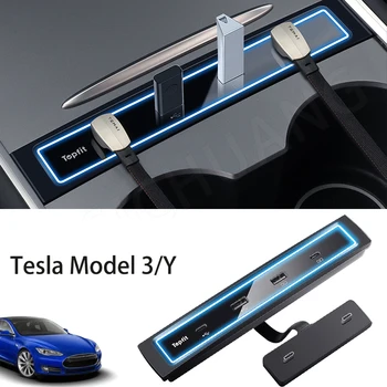 Auto USB Lādētāja Vairāku Ostas 2021 2022 2023 Tesla Model 3/Y Piederumi USB Hub Led Gaismas Centra Konsole, Adapteri, Tālruņa Lādētāju