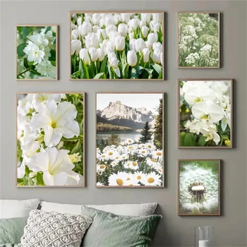 Balto Ziedu, Augu Attēlu Audekla Apgleznošana Sienu Mākslas Spring Fresh Ainavu Plakātu un Drukāt uz Mūsdienu Mājas Dzīvojamā Istaba Dekori