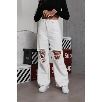 Balts Kokvilnas Džinsi Sieviešu Ripped Streetwear Zaudēt Taisnas Kājas Džinsa Bikses Modes Caurumu Gadījuma Baggy Džinsa Džinsi uz Lady