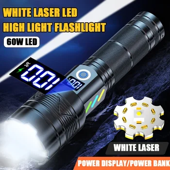 Balts Lāzera 60W LED High Power Gaismiņa Ultra Spēcīgu LED Zibspuldzi Gaismas Uzmanības rādiusa Lāpu Tālummaiņas Avārijas Gaismas