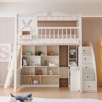 Bērnu galds, drēbju skapis, integrētās pils koka māju gulta, izvietotas divstāvu gultas, divreiz divstāvu gultas, augšējo un apakšējo galdi