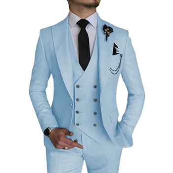 Debess zils uzvalks, kāzu 3-gabals vīriešu atloks līgavainis uzvalku personas kostīms (žakete+veste+bikses)
