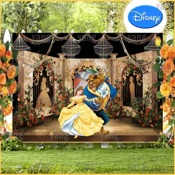 Disney Pasūtījuma Skaistums un Zvērs Karikatūra Belle Princese Pils Romantisko Rožu Fonu Dzimšanas dienas svinības Fotogrāfijas Fona