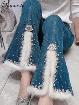 Džinsi Sieviešu Ziemas Jauno korejas Modes Salds Smago Rhinestone Spraugas Hemline Hem Pūkains Slim-fit Raibs Bootcut Bikses