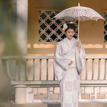 Eleganti Violeta Ķiršu Ziedu Drukāt Kimono Ilgi Japāņu Stila Kleita Sievietēm Harajuku Geišas Cosplay Tērpi, Zeķes Somas