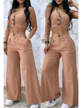 Gadījuma Divas Gabals Komplekti Apģērbs Sieviešu 2024 Vasaras Modes Sexy Buttoned Veste Kultūraugu Top+ Augsta Vidukļa Ilgi Taisni Plaša Kāju Bikses Komplekti