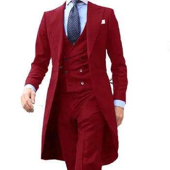 Garš Mētelis Dizainu Sarkanā Vīriešu Uzvalku Maigu Vīriešu Smokings Balli Žakete Custom 3 Gabali (Žakete+veste+Bikses)