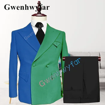 Gwenhwyfar Jaunu Īpašu Kabatas Stils Zilā Sajauc Zaļo Uzvalku Līgavainim Kāzu Modes Top Dizaina Uzvalki Vīriešiem Divas Gabals, Kas