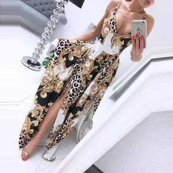 Jaunas Vasaras Bohēmijas Elegants Puse Maxi Kleita Dāmas Vintage Leopard Ziedu Drukāt Kleitas Zemeņu Kleita Sievietes Sexy Kleita
