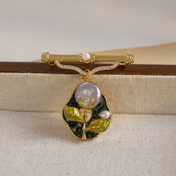 Jauno Modes Vintage Dobi Ziedu Broša Baroka Pērle Emaljas Apzeltīts Apģērbs Aksesuāri Sieviešu Rotaslietas