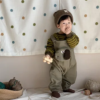 Korejas Rudens Ziemas Bērnu Zēniem 2GAB Apģērbu Komplekts Svītrains Kokvilnas Samta Apkakli Karikatūra Zeķu Bikses, Uzvalks Zēniem Zīdaiņu Outifts