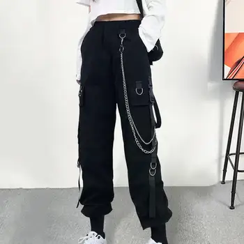 Kravas Bikses Sievietēm 2023 Ķēdes Dekoru Multi Kabatas Augsti Elastīgs Viduklis Taisni Potītes-atkarīgās Hip Hop Garās Bikses Streetwear