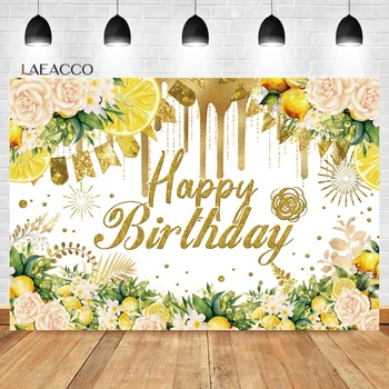 Laeacco Citronu Happy Birthday Fona Vasaras Zelta Spīguļi, Dzeltena Ziedu Princese Meitene Portrets Pielāgota Fotogrāfijas Fons
