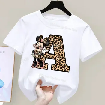 Minnie Mouse Vēstuli, Bērnu T Krekls Ar Leopards Izdrukāt Meitene Vasaras Apģērbu Disney Anime Multfilmu Tee Krekls Ar Īsām Piedurknēm Topi Bērniem