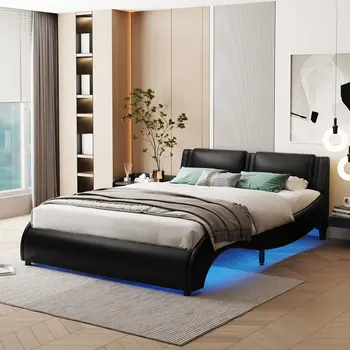 Mīkstās gulta 140*200cm mākslīgās ādas gulta ar LED gaismas gultas rāmis ar redelēm rāmji melns