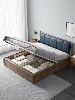 Nordic light luksusa ādas mākslas gultas, masīvkoka divguļamā gulta, oša koka masīvkoka gulta, vienkārši atzveltni mīksta gulta