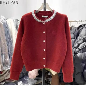 Sequin Sieviešu Džemperi Pavasara Rudens Drēbes 2024. Gadam O-Veida Kakla Garām Piedurknēm Džemperis Trikotāžas Tops Vintage Trikotāžas Jaka Džemperis Femme