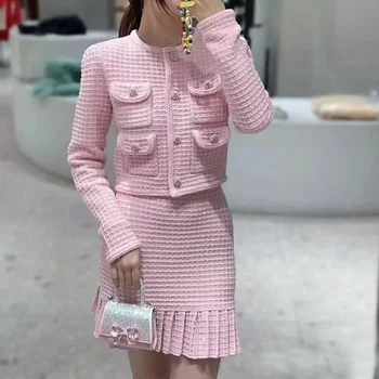 Sieviešu Rozā Mazo Smaržas Apaļu Kakla Jaciņa Mētelis + Hip Mini Svārki Uzstādīt Modes Salds franču Augstas Kvalitātes divdaļīga Sieviešu Tērps