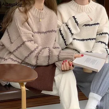 Svītrainu Džemperi Sieviešu Rudens Modes Zaudēt Visas spēles Gadījuma Vintage garām Piedurknēm Adīts Puloveri O-veida kakla Studentiem korejiešu Stilā