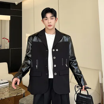 SYUHGFA Elegants Tērps Vīriešiem Tendence Parchwork Gadījuma Bleizeri Skaists PU Ādas Savienoti Jaka korejiešu Stilā, Modes Apģērbi