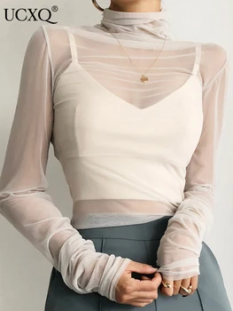 UCXQ Elegantu augstu uzrullētu apkakli Acs Viedokļa Dizaina Slim Krekls Sievietēm Līdz 2023. gada Rudenī Jaunu Temperaments garām Piedurknēm, Sieviešu Blūze Topi