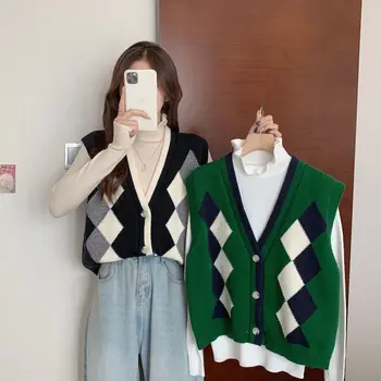 Veste Sieviešu Džemperis ar V-veida kakla Melna Pleds Grafiskais Zaļā Adīt Topi Sieviete korejas Modes Triko Blūze Veicināšanas Tendence 2023