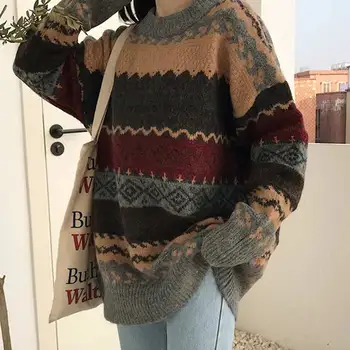 Vintage Džemperi Sievietēm Pulovers Ziemas Svītrainu Džemperi Korejiešu Stilā Brīvs Džemperis Trikotāžas Gadījuma Brīvs Džemperis Pull Femme