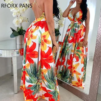 Ziedu Drukāt Backless Maxi Kleita Vasaras Kleita Sieviešu Modes Pusei Elegants Apģērbs