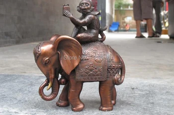 Ķīnas Tautas Feng Shui Tīras Bronzas, Vara Mērkaķis Braukt Zilonis Auspicious Statuja